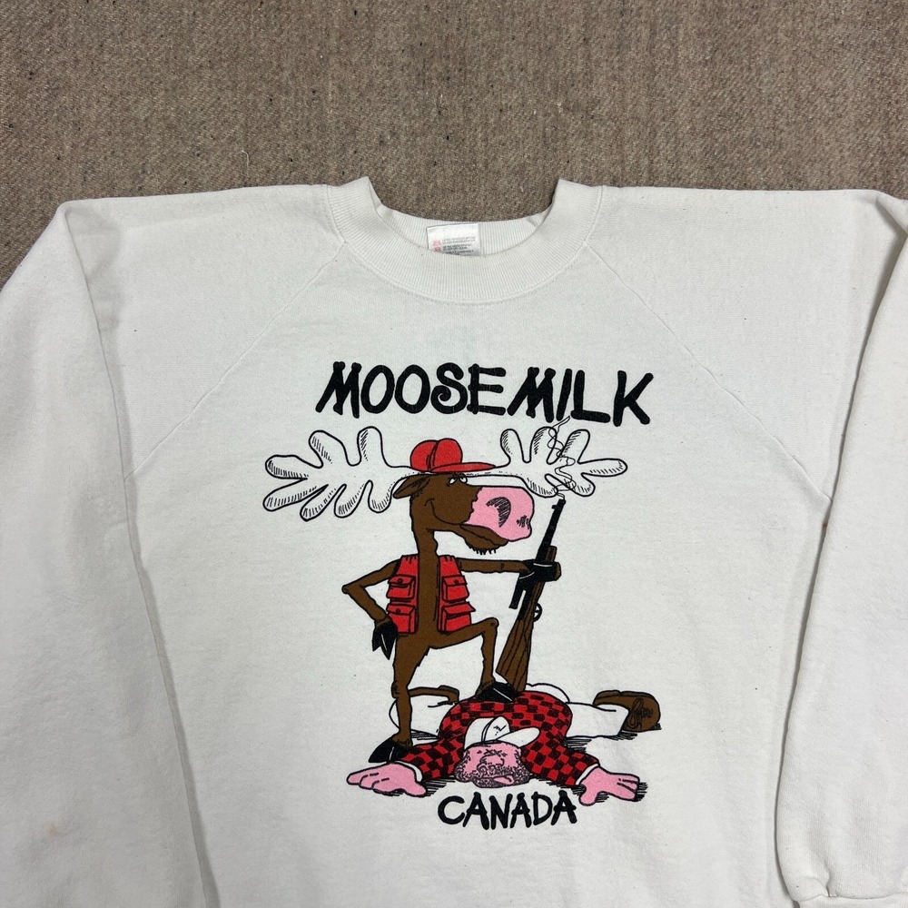 Vintage Moose Milk Sweatshirt Mens XL White 1990s Canada Cartoon Funny Comic - Picture 2 of 12
